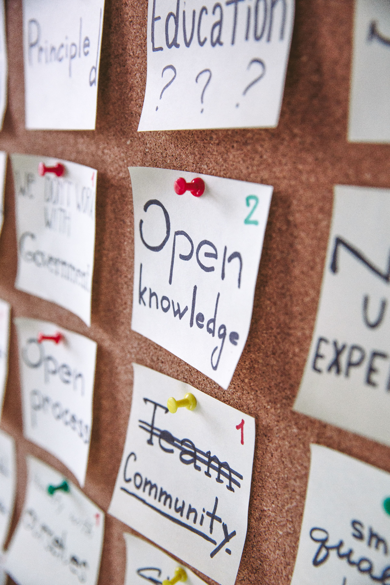 Sticky notes on a cork board with ideas like 'Open knowledge' and 'Community'